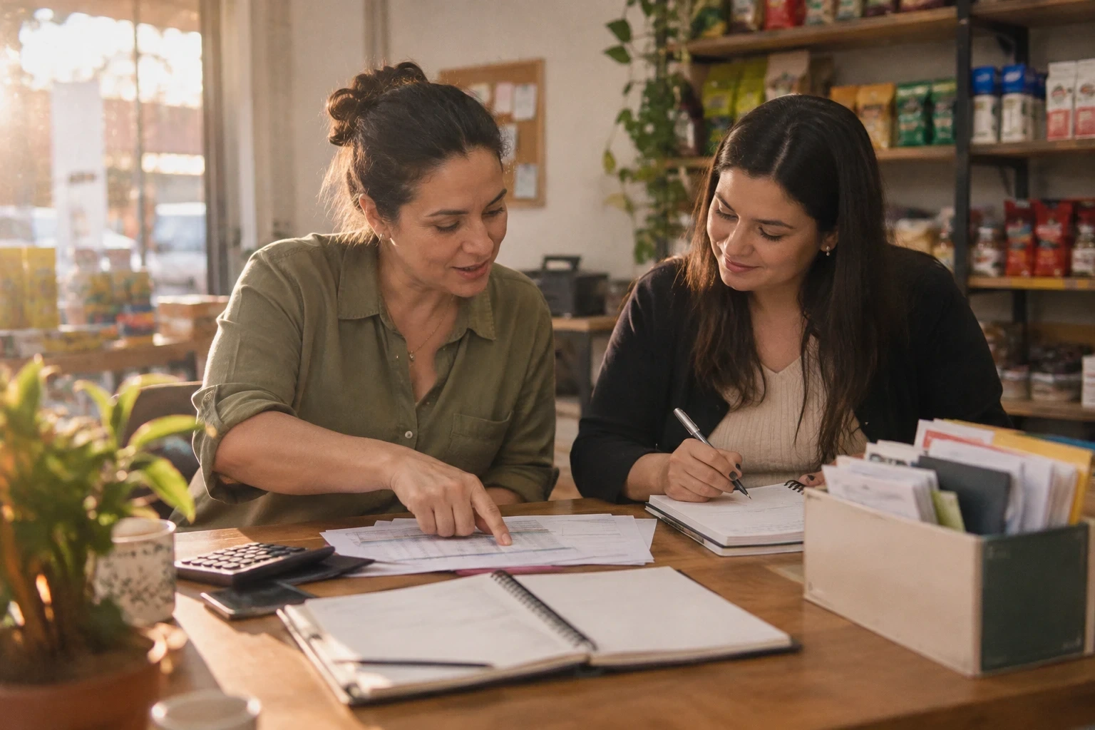 Duas sócias revisam contas e fazem anotações no balcão de uma pequena loja.