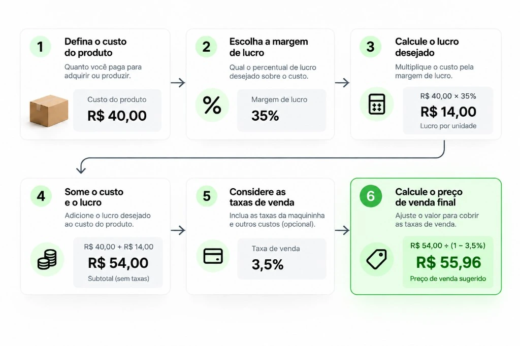 Cálculo do preço de venda em 6 passos: custo de R$ 40, margem de 35%, taxa de 3,5% e preço final de R$ 55,96