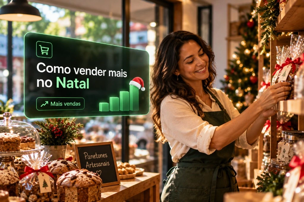 Lojista sorridente arruma panetones artesanais embalados em prateleira de loja decorada para o Natal