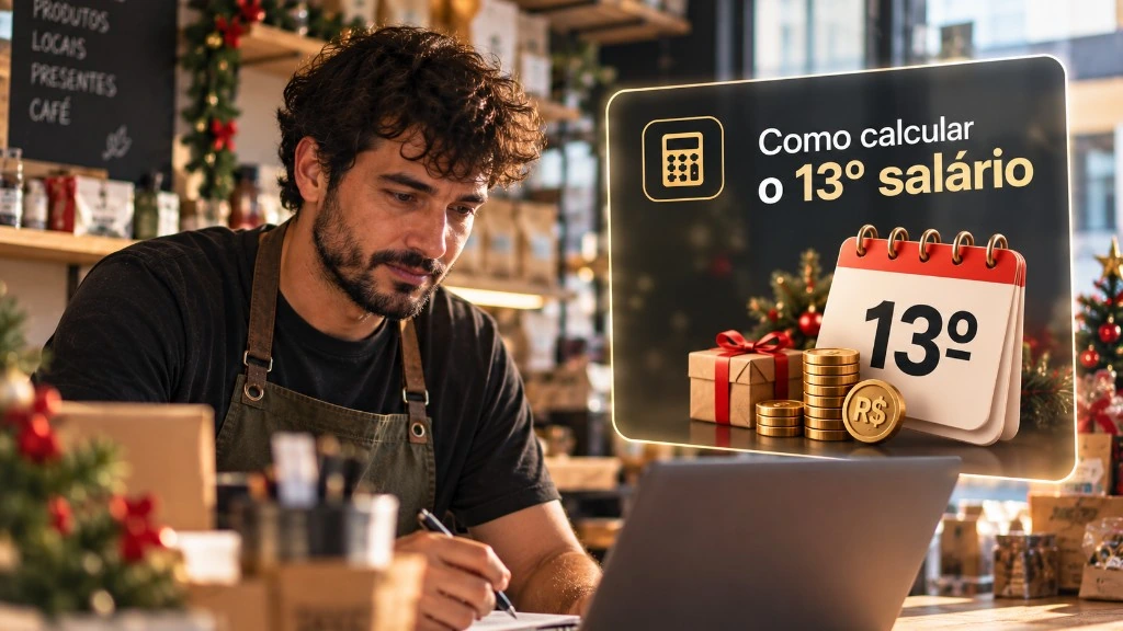 Empreendedor faz contas no notebook em loja decorada para o Natal, ao lado de um card sobre o 13º salário