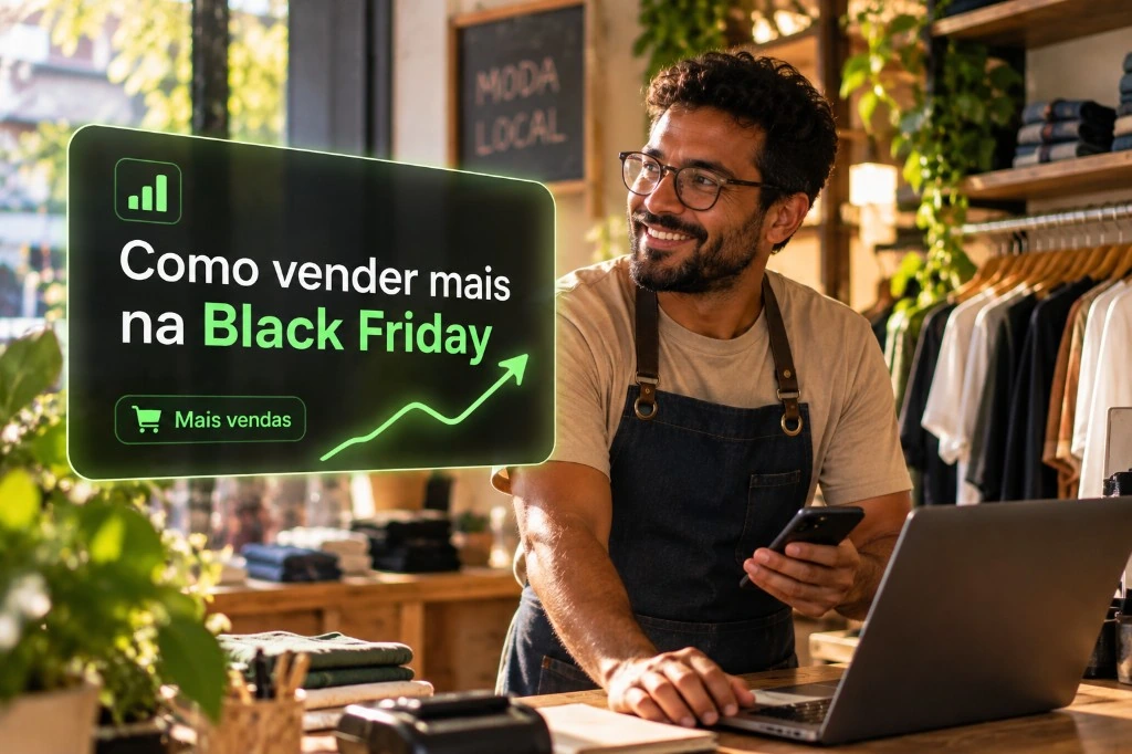 Lojista sorridente com celular e notebook no balcão de uma loja de roupas, ao lado de um card sobre Black Friday