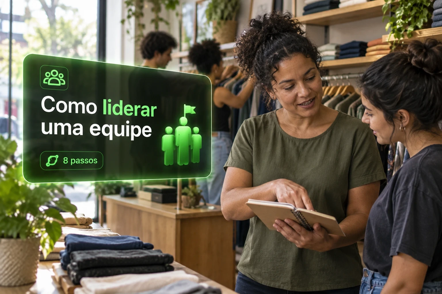 Dona de loja de roupas mostra um caderno a uma funcionária, ao lado de um card sobre como liderar uma equipe