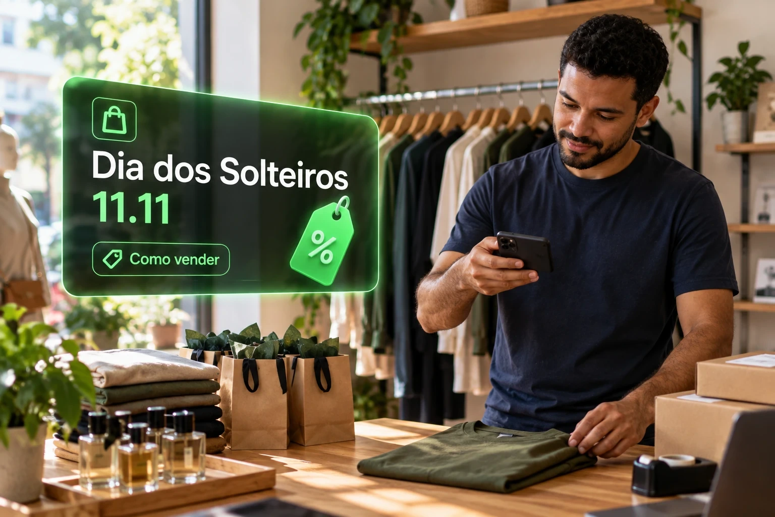 Lojista fotografa camiseta com o celular em loja de roupas ao lado de um card sobre o Dia dos Solteiros 11.11