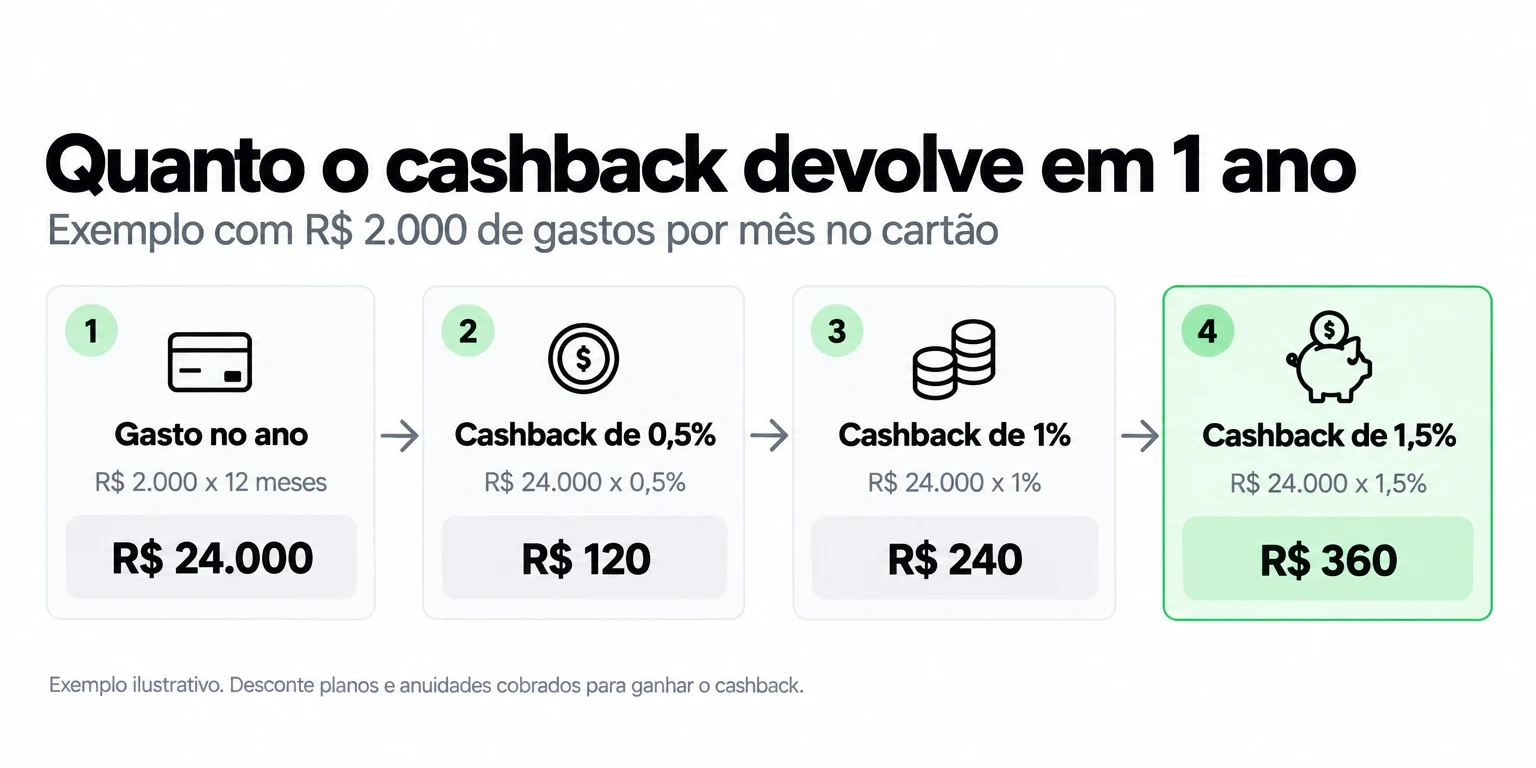 Cálculo do cashback com R$ 2.000 de gastos por mês: R$ 120 com 0,5%, R$ 240 com 1% e R$ 360 com 1,5% em um ano