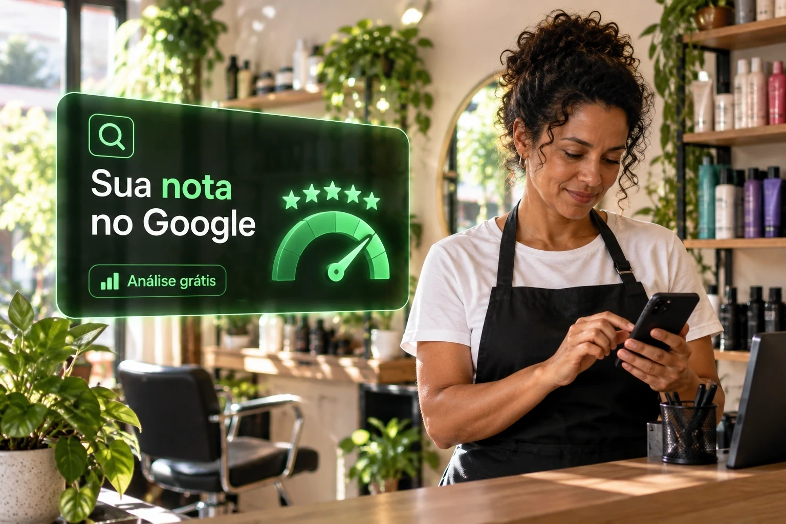 Dona de salão de beleza olha o celular no balcão ao lado de um card com a nota do negócio no Google