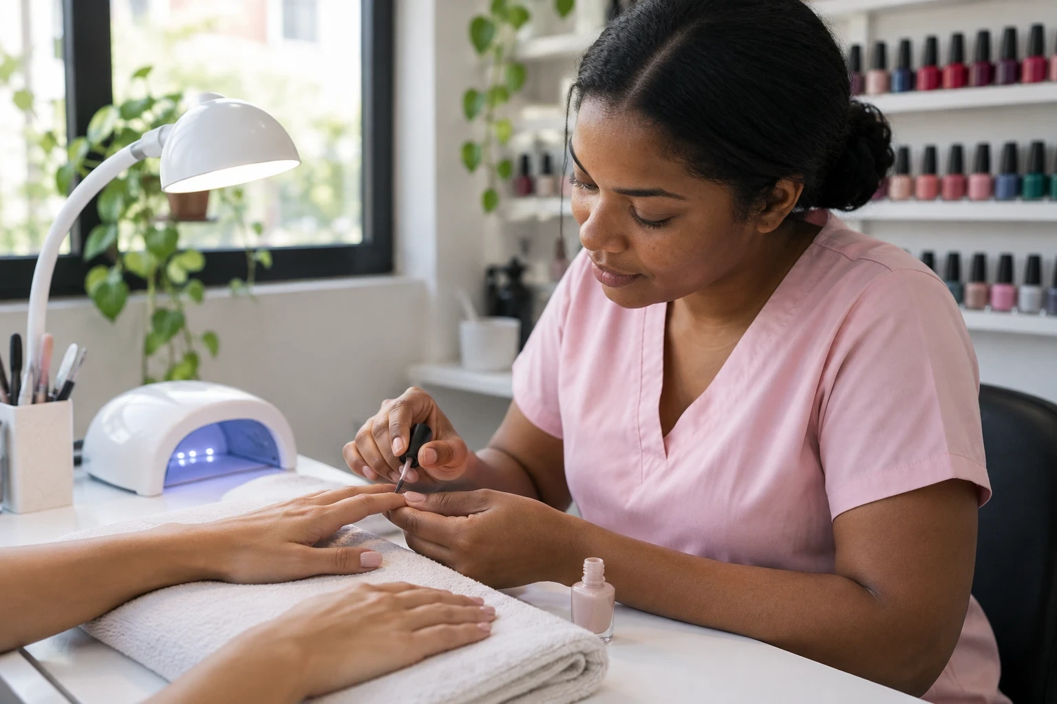 Manicure pinta as unhas de uma cliente com esmalte nude em estúdio com prateleira de esmaltes e cabine de LED