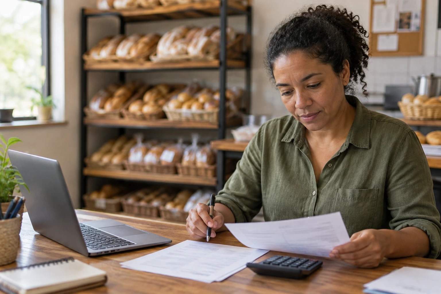 Dona de padaria confere a folha de pagamento com caneta e calculadora, com notebook aberto na mesa
