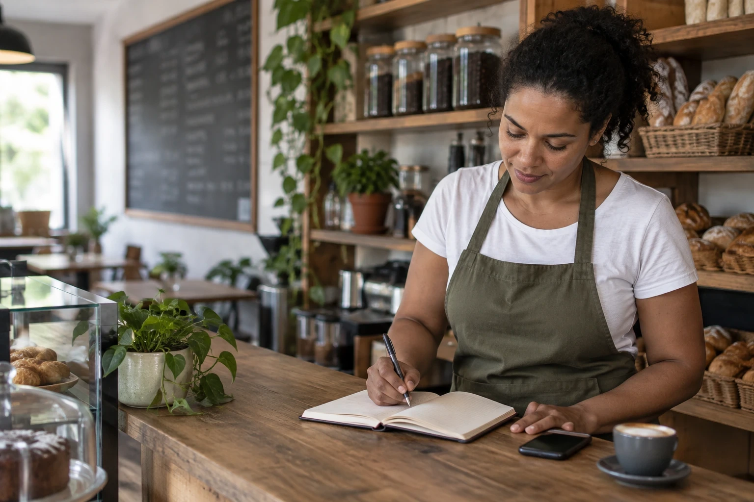 Dona de cafeteria anota metas em um caderno no balcão, ao lado do celular e de uma xícara de café