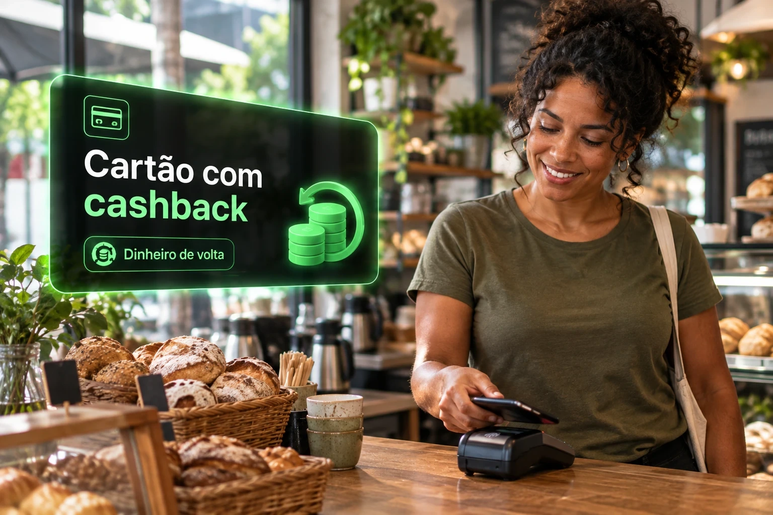 Mulher paga com o celular na maquininha de uma padaria ao lado de um card sobre cartão com cashback