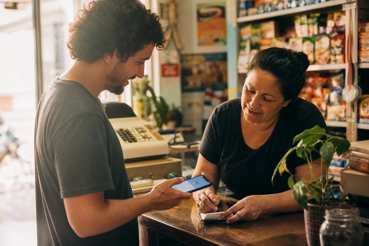 Cliente de cabelos cacheados mostra tela do celular com aplicativo a comerciante sorridente no balcão de um mercadinho.