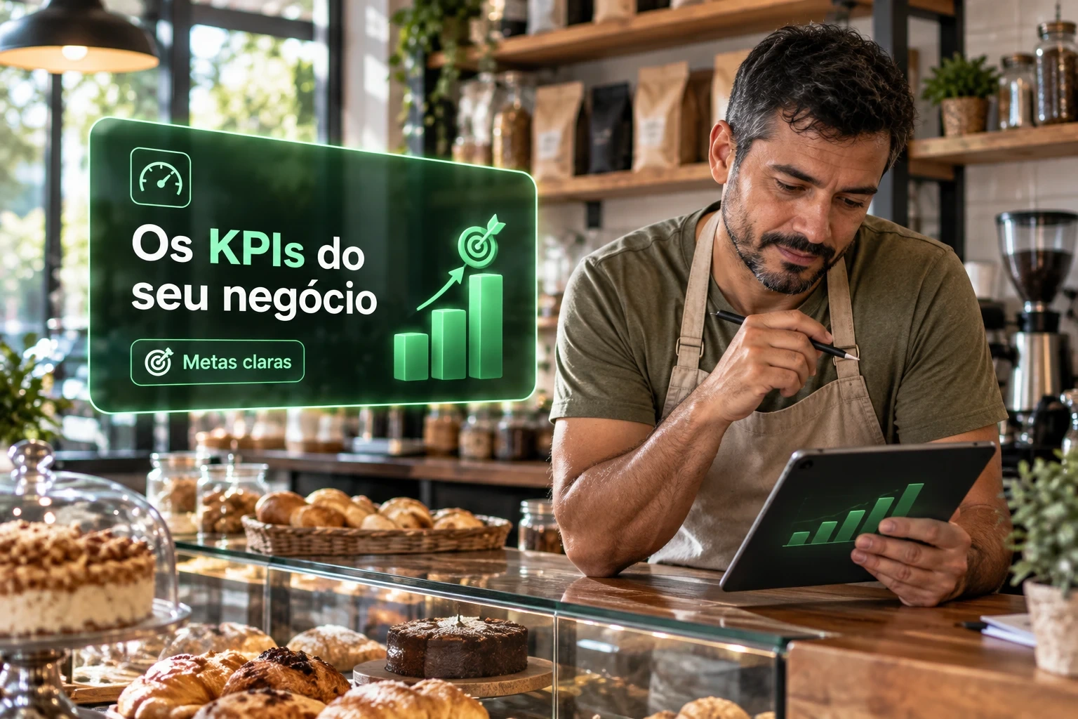 Homem confere números no tablet atrás do balcão de uma padaria, ao lado de um card sobre KPIs do negócio