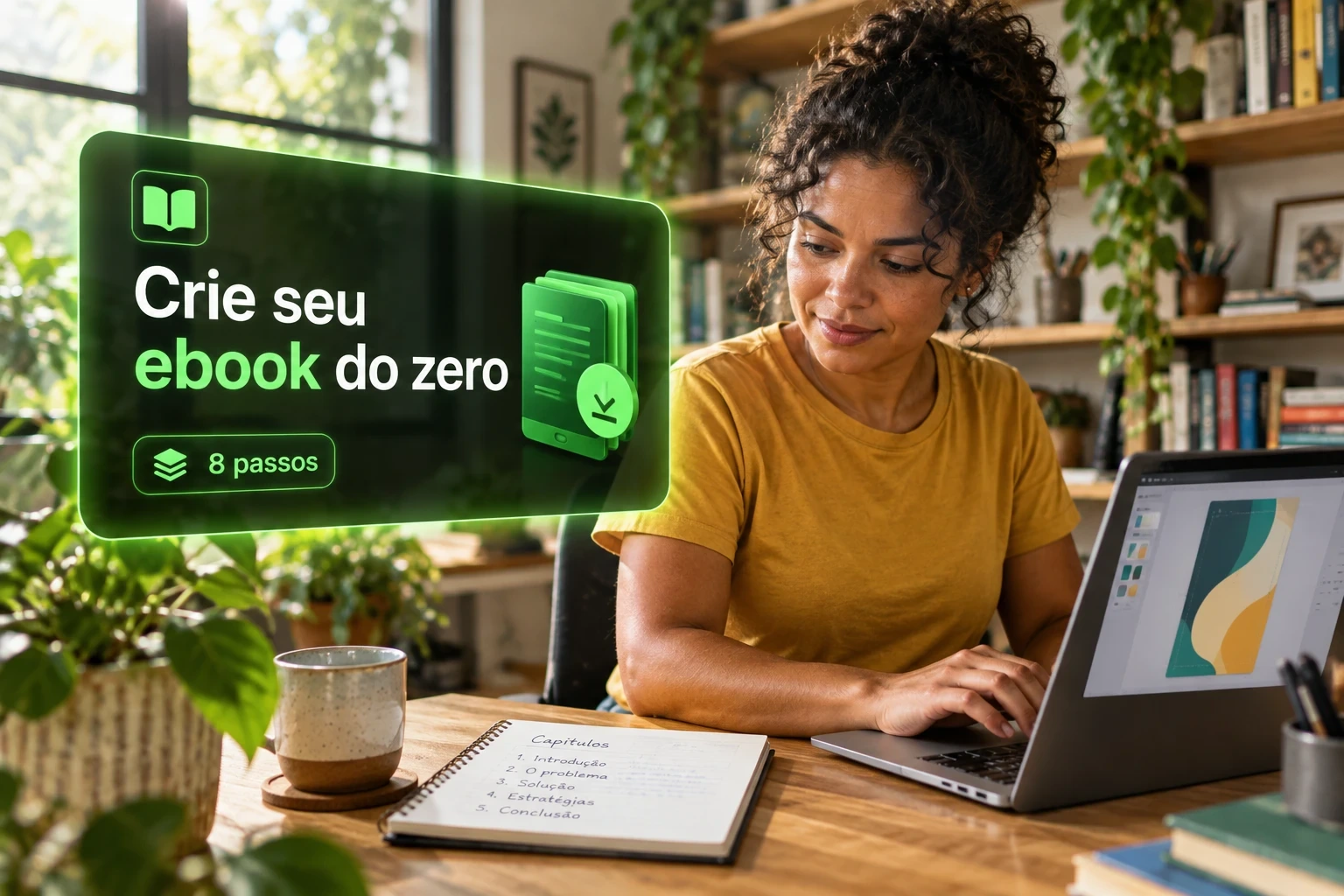 Mulher de camiseta amarela digita no notebook ao lado de um card sobre como criar um ebook do zero