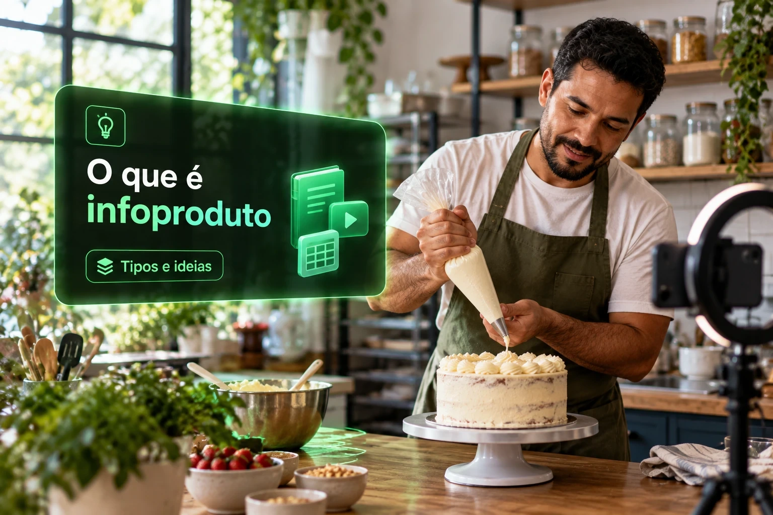 Confeiteiro decora um bolo e grava vídeo com o celular ao lado de um card sobre o que é infoproduto