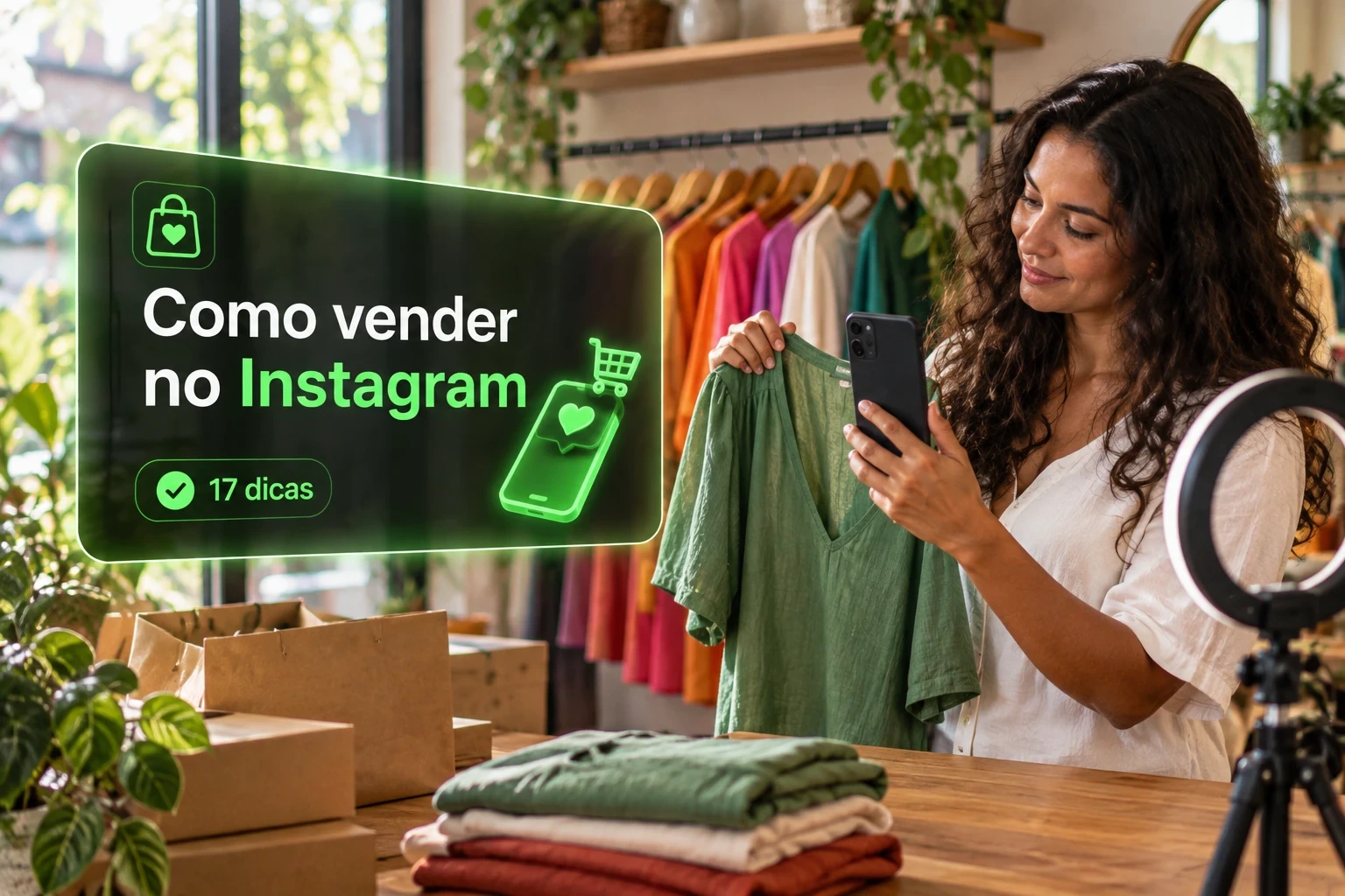 Dona de loja de roupas filma uma blusa com o celular para vender no Instagram