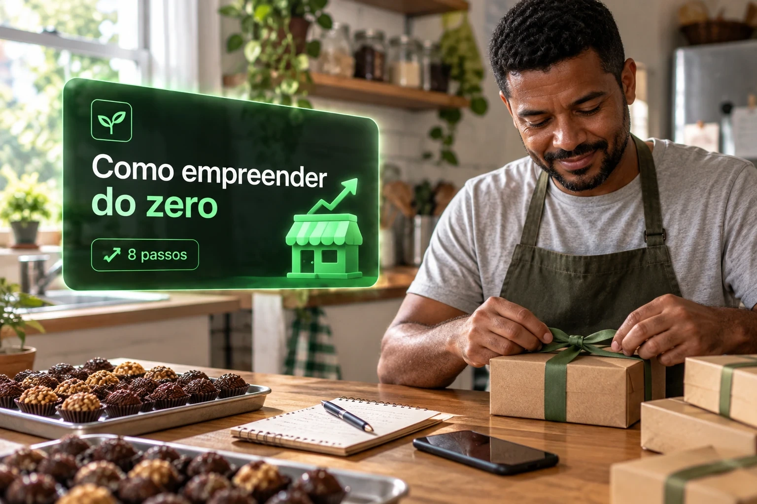 Empreendedor fecha caixa de doces na cozinha de casa, onde começou o próprio negócio do zero