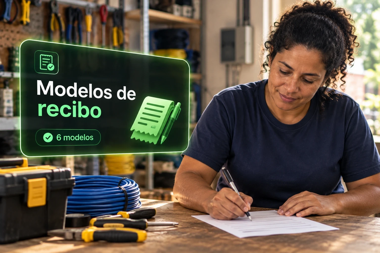 Eletricista assina um recibo de pagamento na bancada da oficina