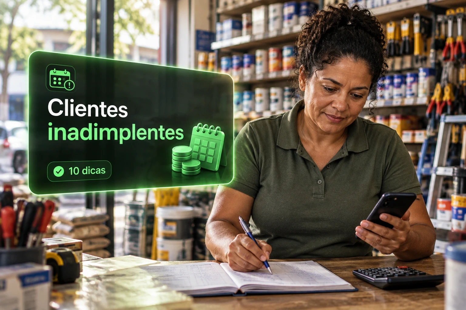 Dona de loja de materiais confere o celular e anota no caderno ao lado de um card sobre clientes inadimplentes