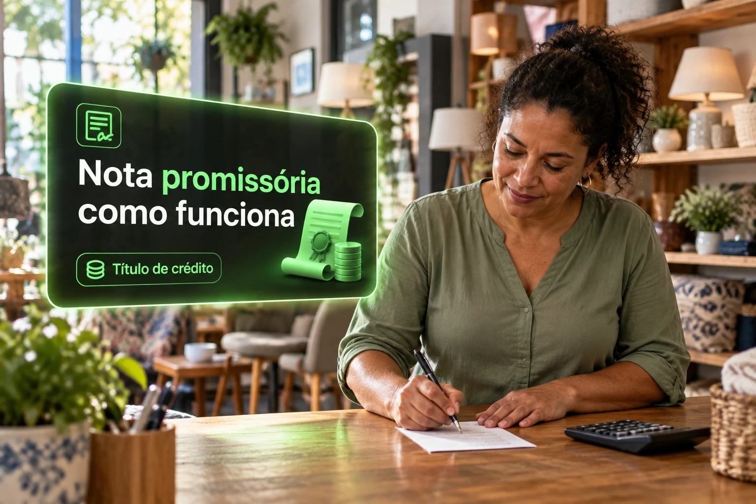 Lojista assina um papel no balcão de uma loja de móveis ao lado de um card sobre nota promissória