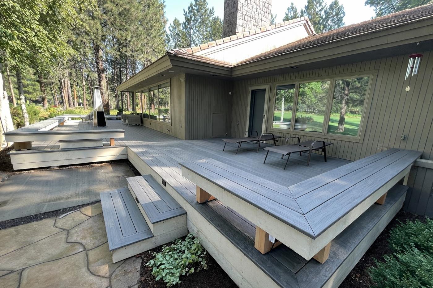 Multi-level composite deck with built-in bench seating