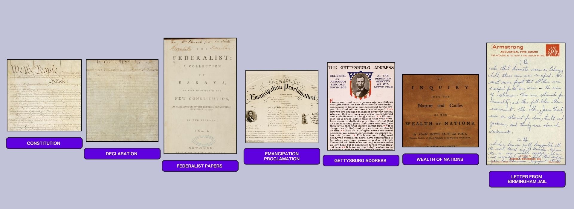 A collage of the 11 foundational documents included in the first edition of the Civics Reader.