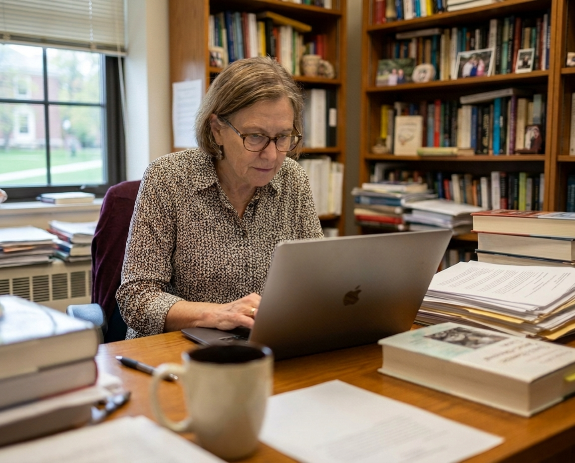 A professor with a light skin tone in her office working on a laptop