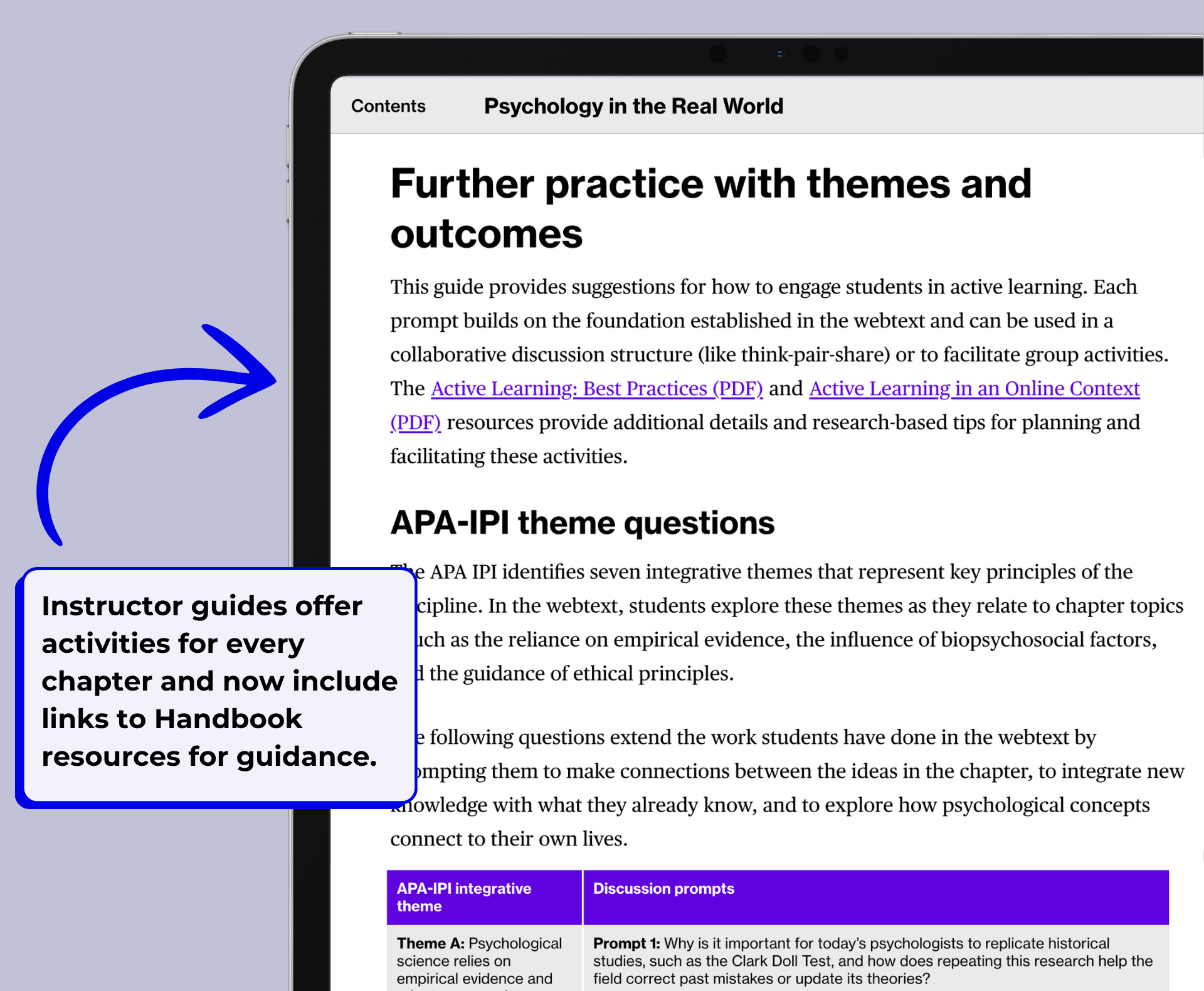 A page in the Psychology in the Real World webtext with a note pointing to links within the text to the Teaching Handbook. The note reads, “Instructor guides offer activities for every chapter and now include links to Handbook resources for guidance.”