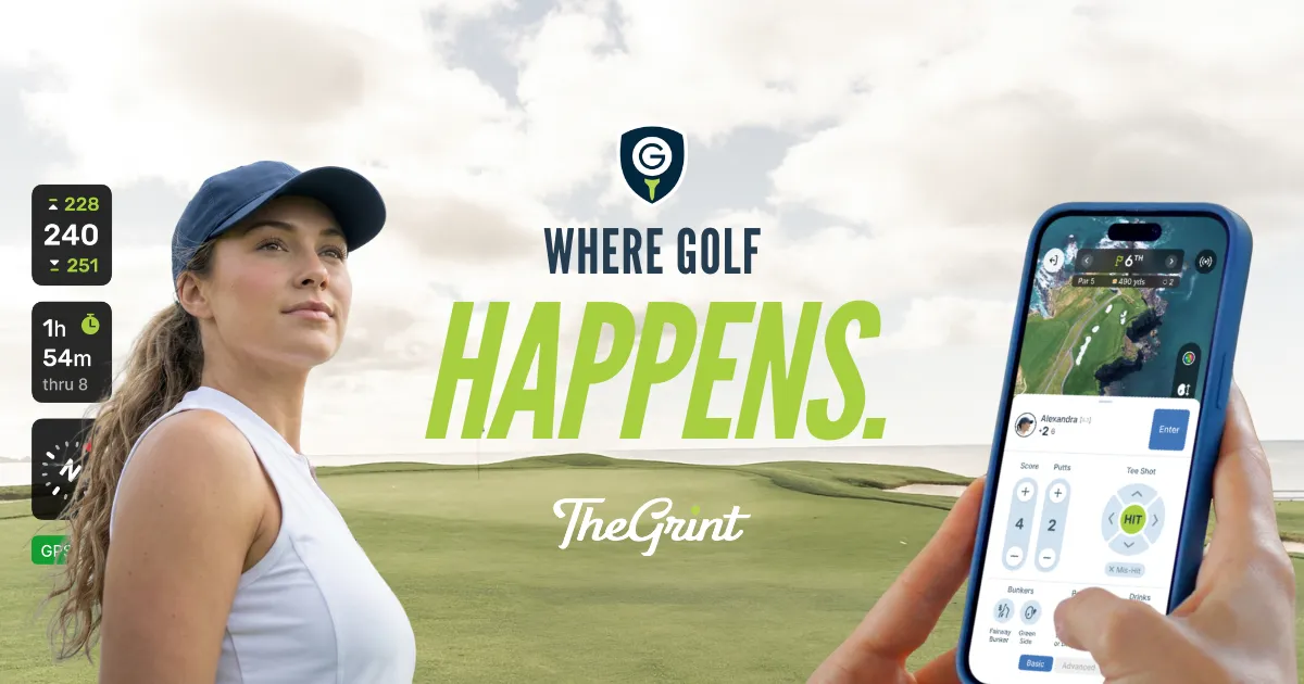 Where Golf Happens: TheGrint banner with a golfer and the GPS and score entry screen on iPhone