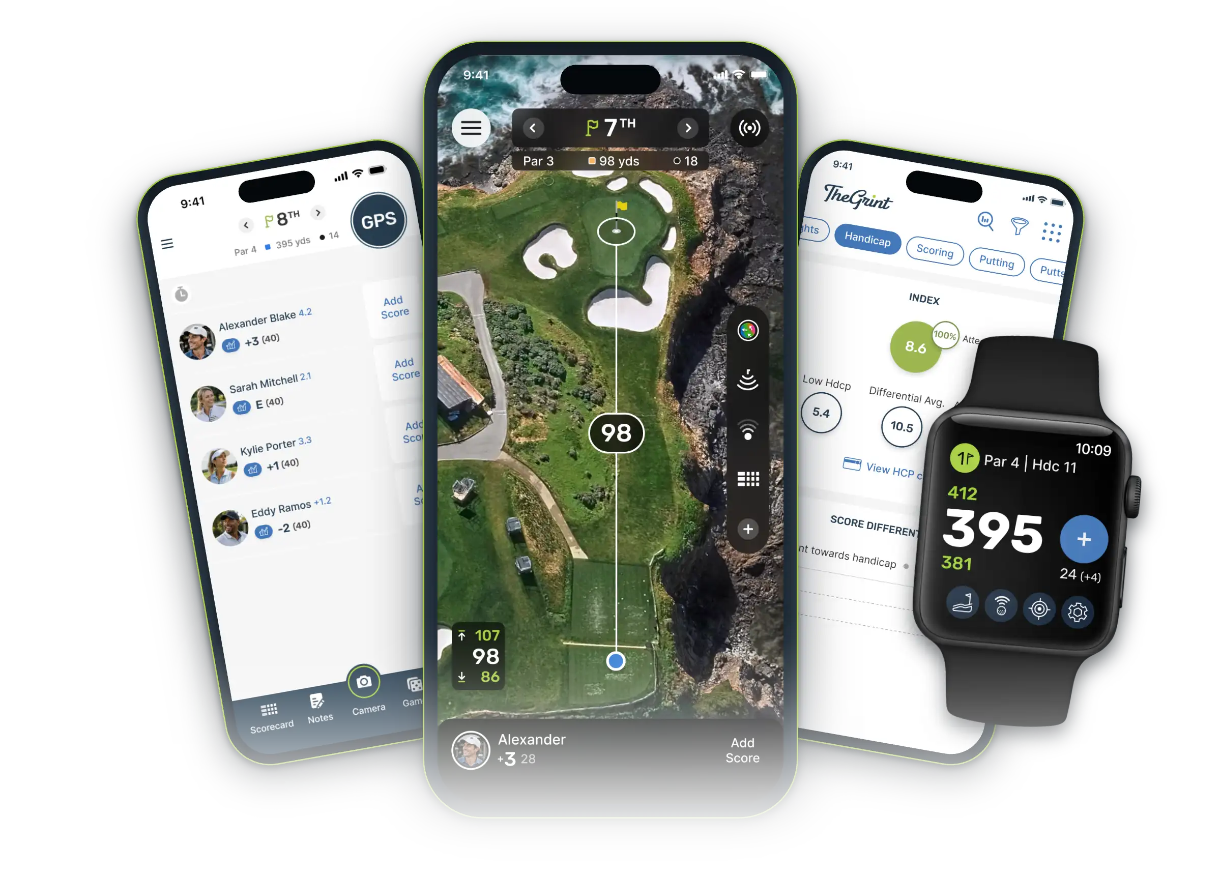 TheGrint golf app on iPhone and Apple Watch showing live scores, GPS distances and the handicap screen