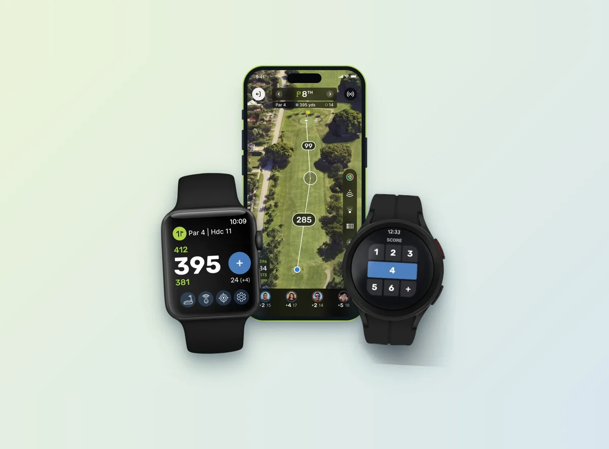 TheGrint on two smartwatches showing GPS yardage and score entry