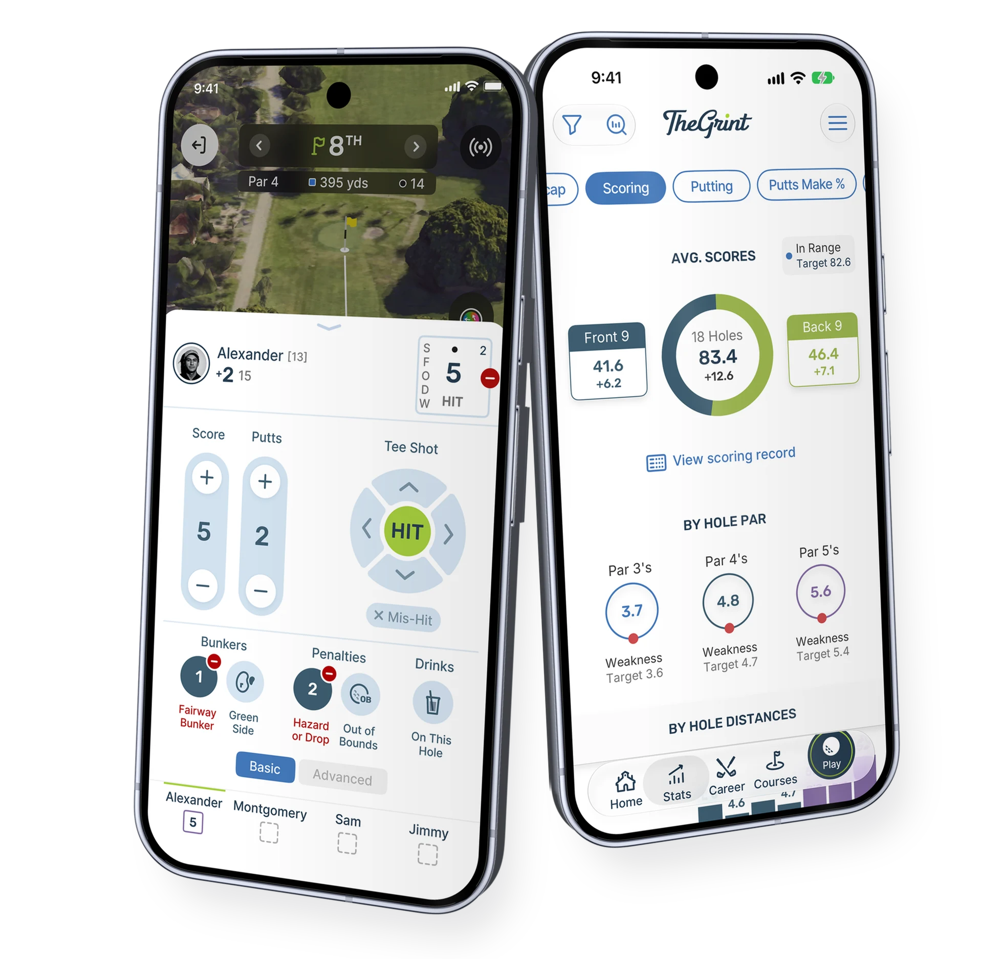 TheGrint score entry and stats on Google Pixel 10 Pro: enter a hole score, then see scoring, putting and handicap stats