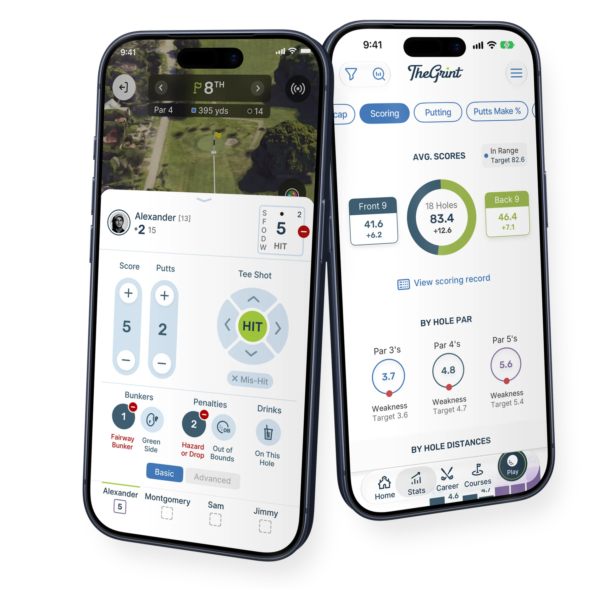 TheGrint score entry and stats on iPhone 17 Pro: enter a hole score, then see scoring, putting and handicap stats