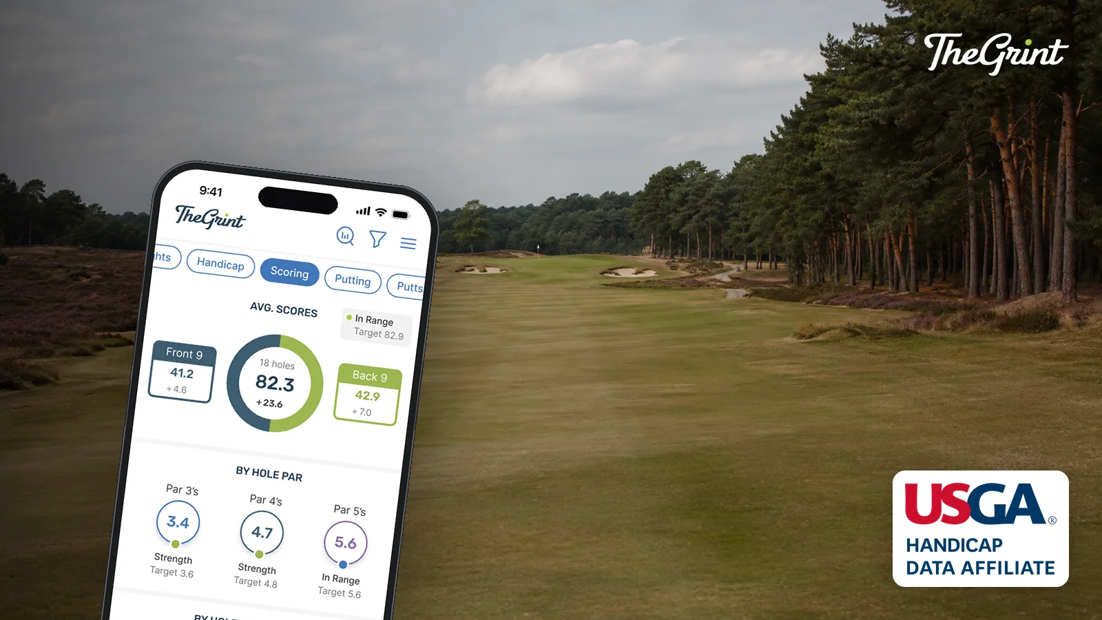 TheGrint app scoring stats on an iPhone beside a heathland golf fairway, with the USGA Handicap Data Affiliate badge