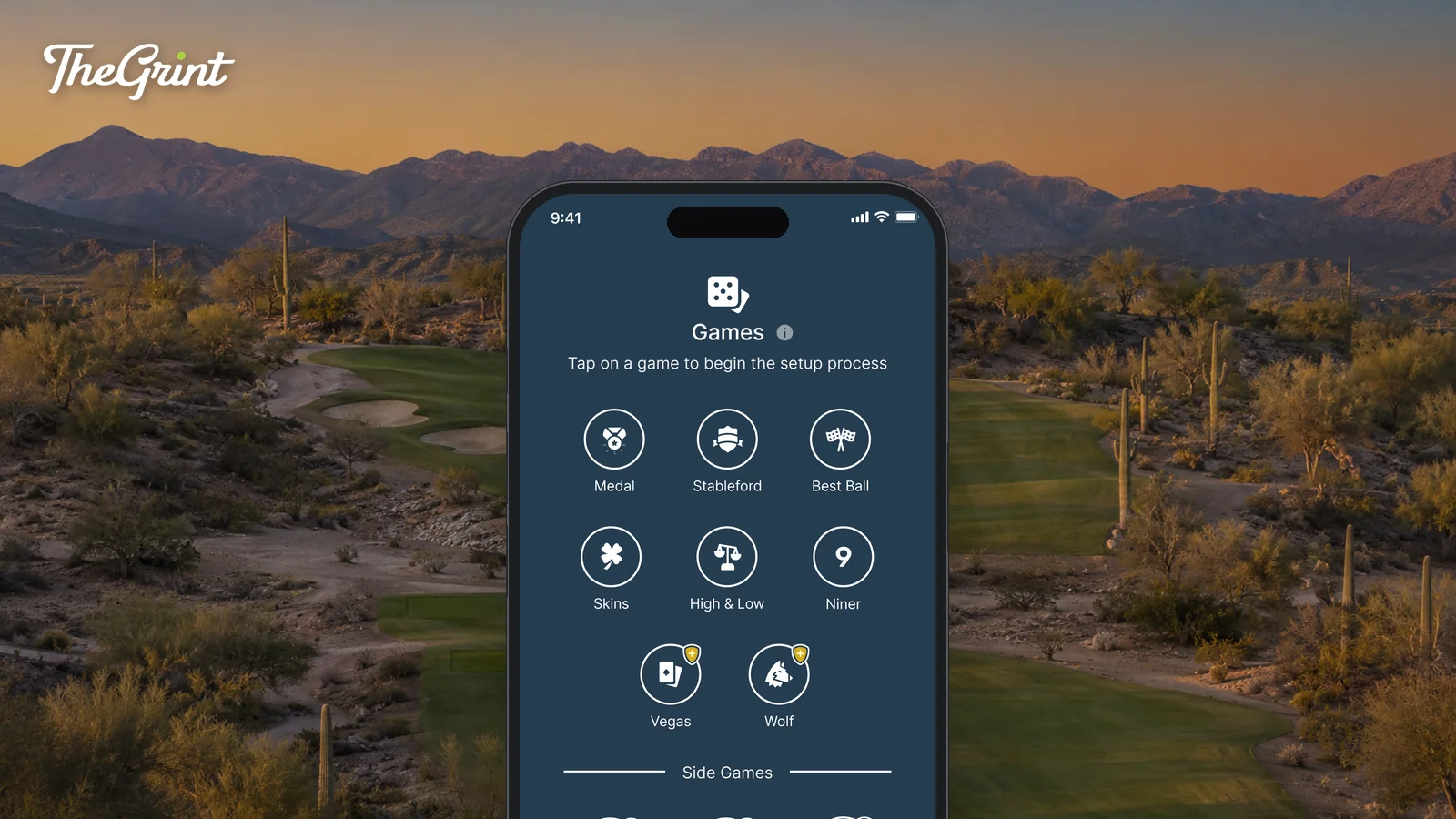 TheGrint app Games menu for Stableford scoring on an iPhone in front of a desert golf course at golden hour
