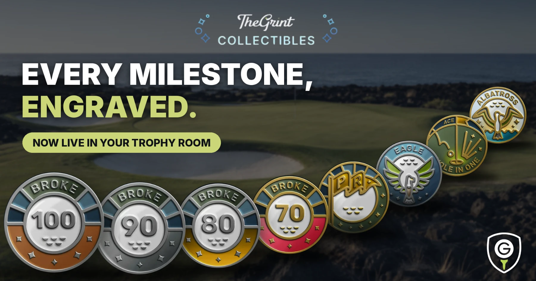 TheGrint Collectibles ball markers for Broke 100, 90, 80 and 70, Personal Record, Eagle, Hole in One and Albatross, lined up in front of a seaside golf green