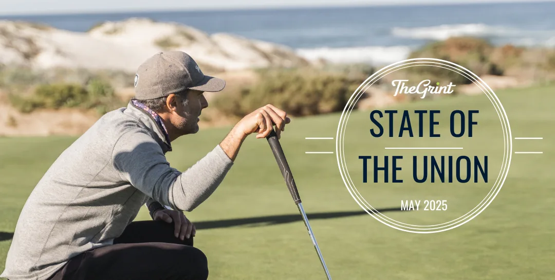 TheGrint State of the Union May 2025 banner with a golfer crouched on the course