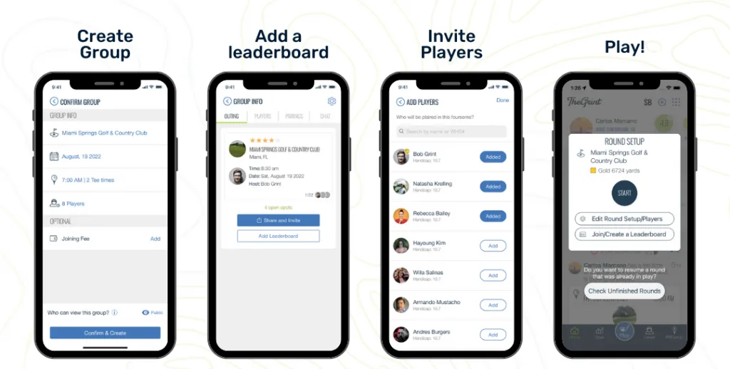 Four TheGrint app screens showing how to create a group, add a leaderboard, invite players and play