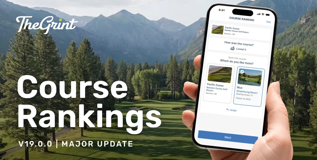 TheGrint Course Rankings on an iPhone with mountains behind, version 19 update
