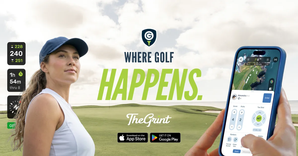 Where Golf Happens banner with a golfer and TheGrint on an iPhone and Apple Watch