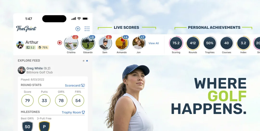 TheGrint home screen with live scores and personal achievements