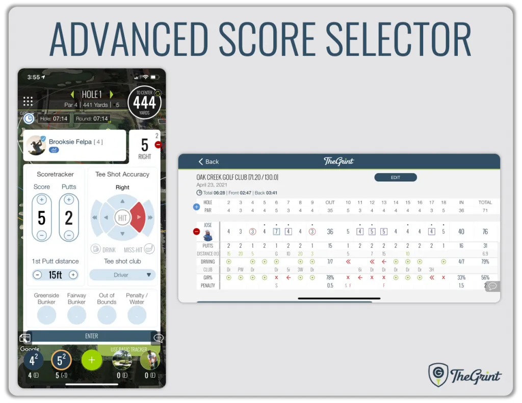 TheGrint advanced score selector on an iPhone and on the web scorecard