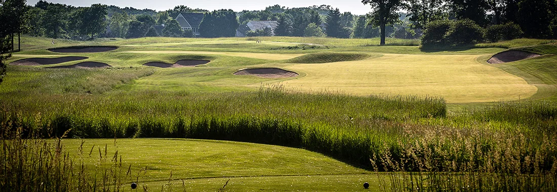 7th hole at Conway Farms Golf Club with tall grass and bunkers