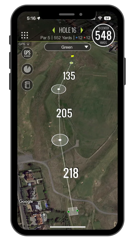 TheGrint GPS on an iPhone for hole 16 at Royal Liverpool, the easiest hole