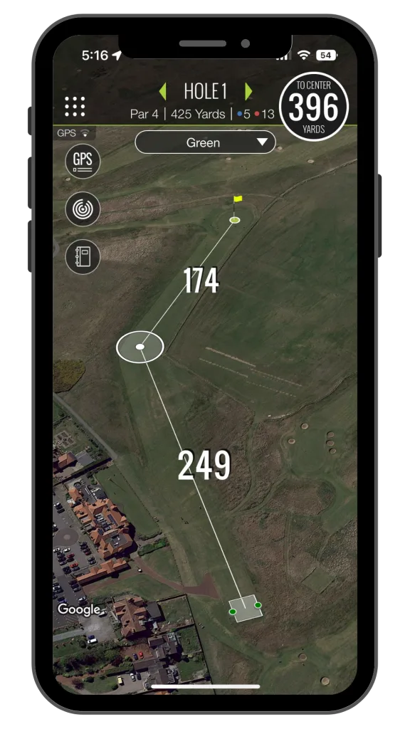 TheGrint GPS on an iPhone for hole 1 at Royal Liverpool, the hardest hole