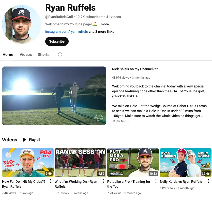 Ryan Ruffels' YouTube channel page