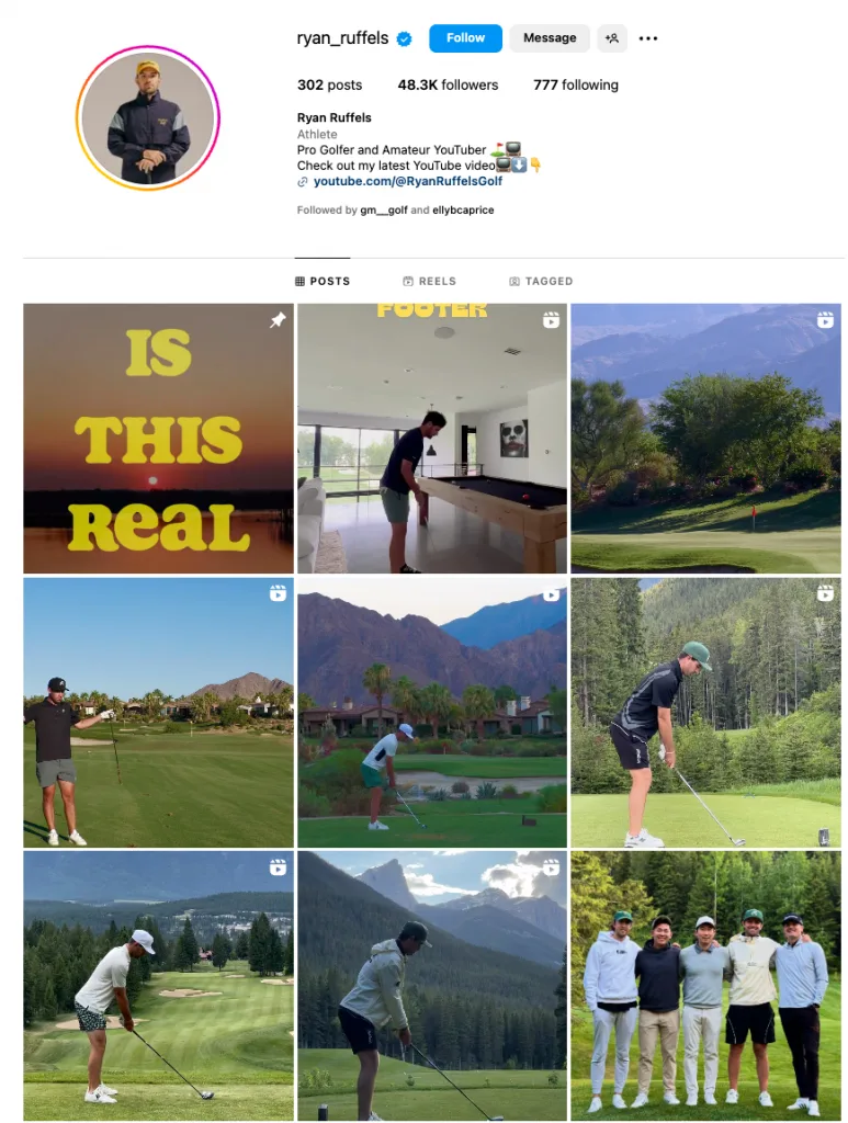 Ryan Ruffels' Instagram profile grid