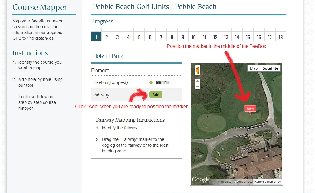 TheGrint course mapper placing the tee box marker on hole 1 at Pebble Beach