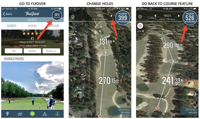 TheGrint course flyover screens: open flyover, change holes and return to the course