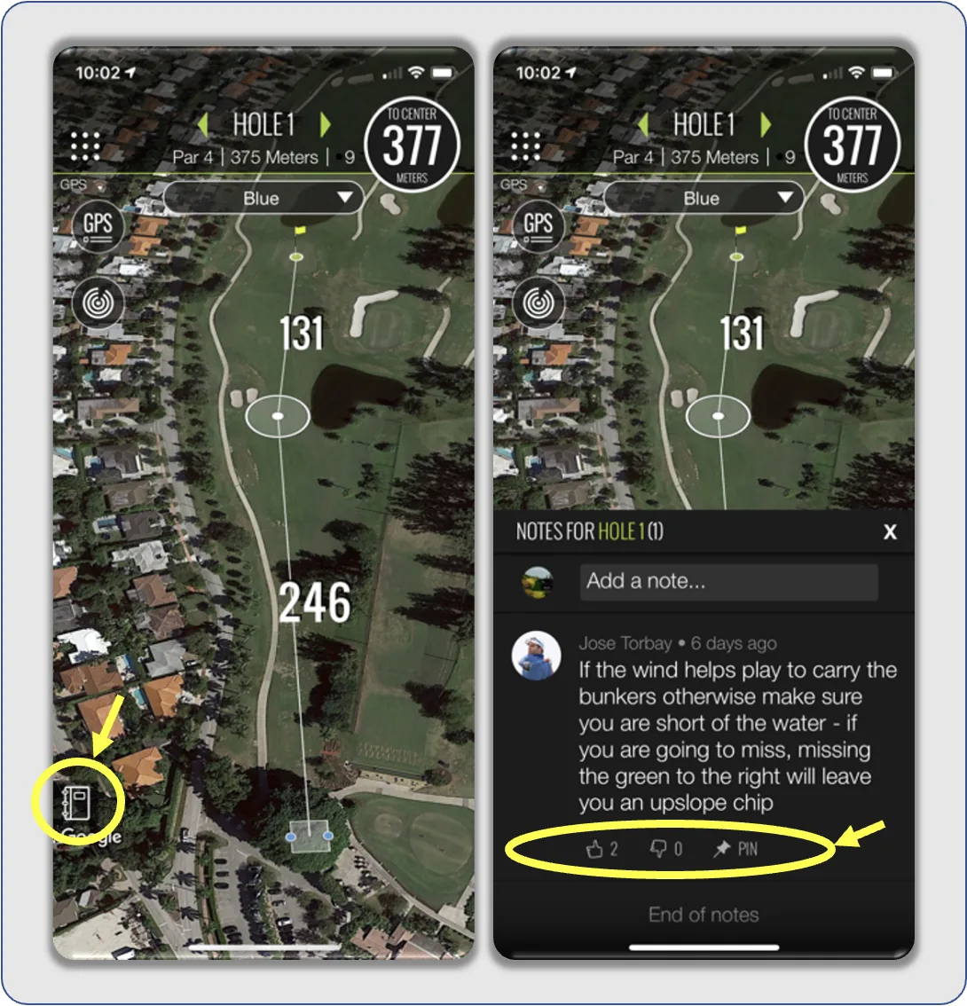 TheGrint GPS screens showing where to add and read hole notes