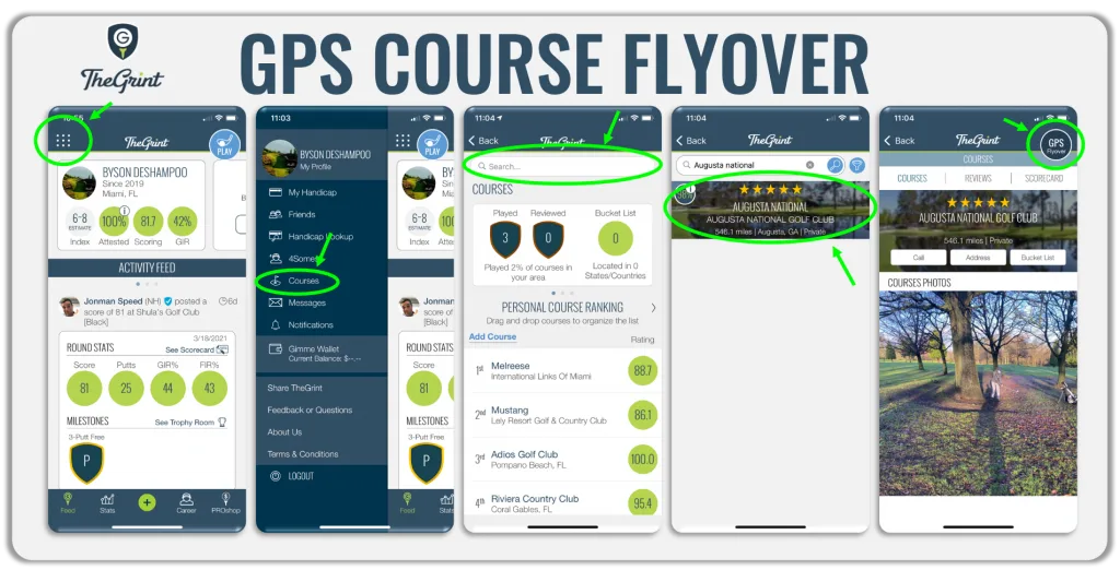 TheGrint GPS course flyover steps: open a course and tap the flyover button