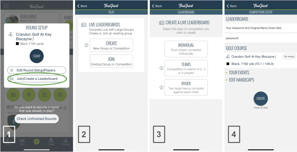 Four TheGrint screens showing how to create and join a leaderboard